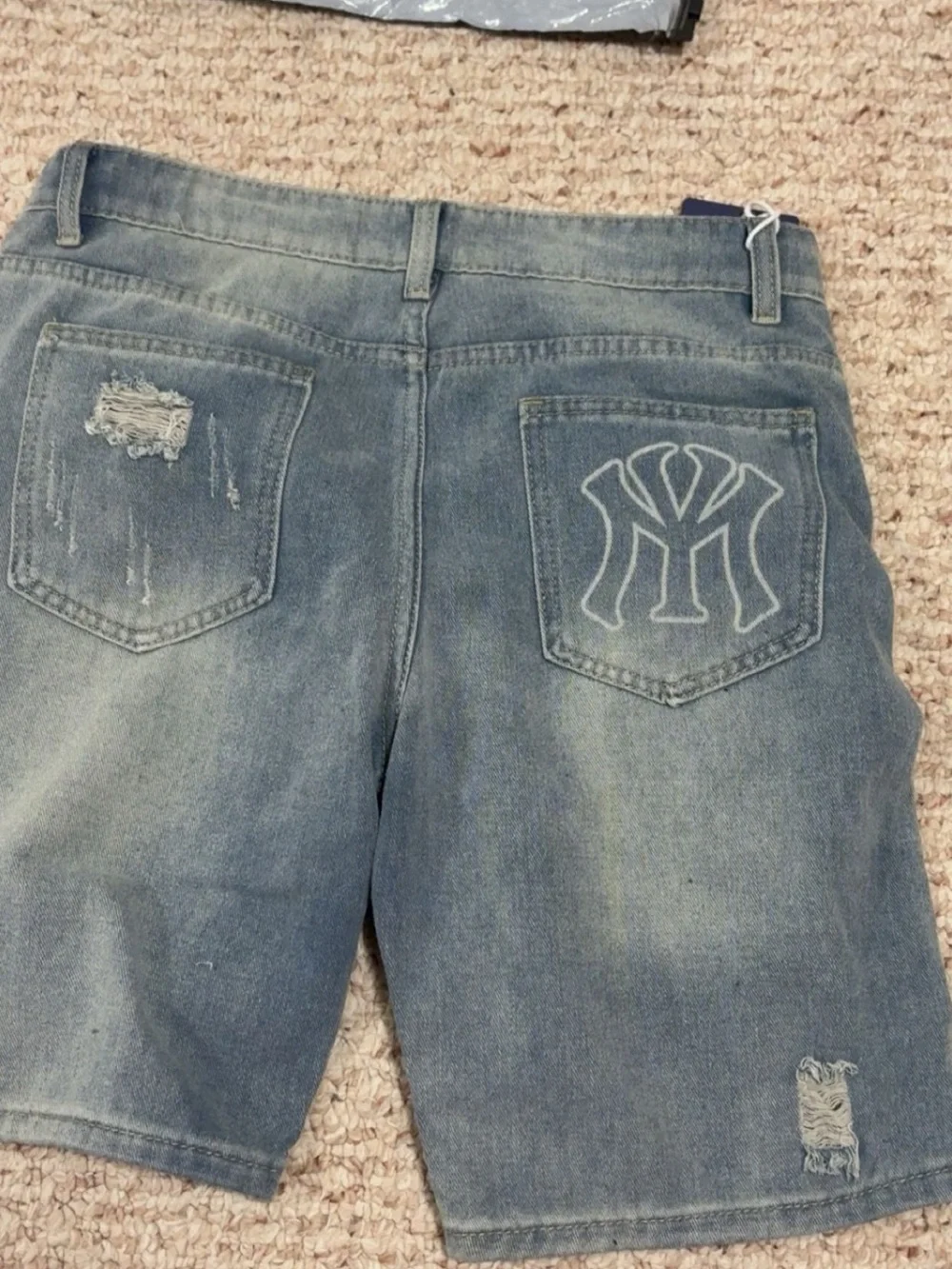 Men's Distressed Light Blue Denim Shorts with NY Logo
